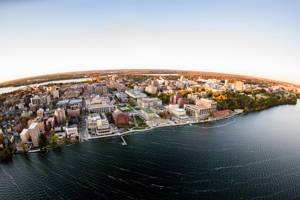 Aerial photo of UW-Madison campus and Lake Mendota